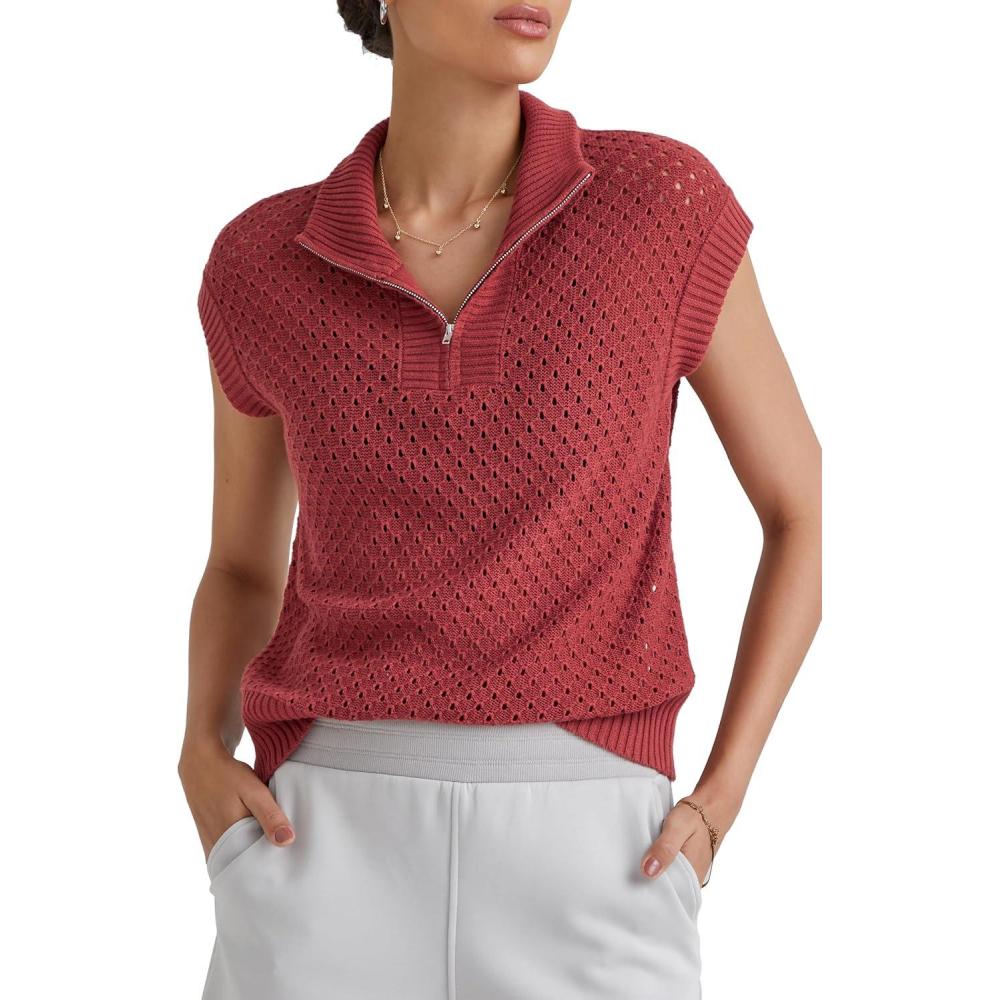 imageArachampampCloz Womens Summer Cap Sleeve Sweater Vest 2025 Spring Casual Quarter Zip Hollow Out Crochet Polo V Neck TopsRust Brick Red