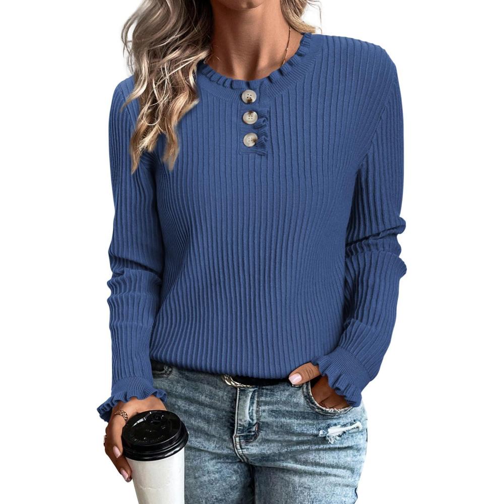 imageArachampampCloz Womens Swaters 2024 Fall Fashion Outfits Long Sleeve Crewneck Knit Tops Ruffle Casual TShirts Cute Tees BlousesNavy Blue