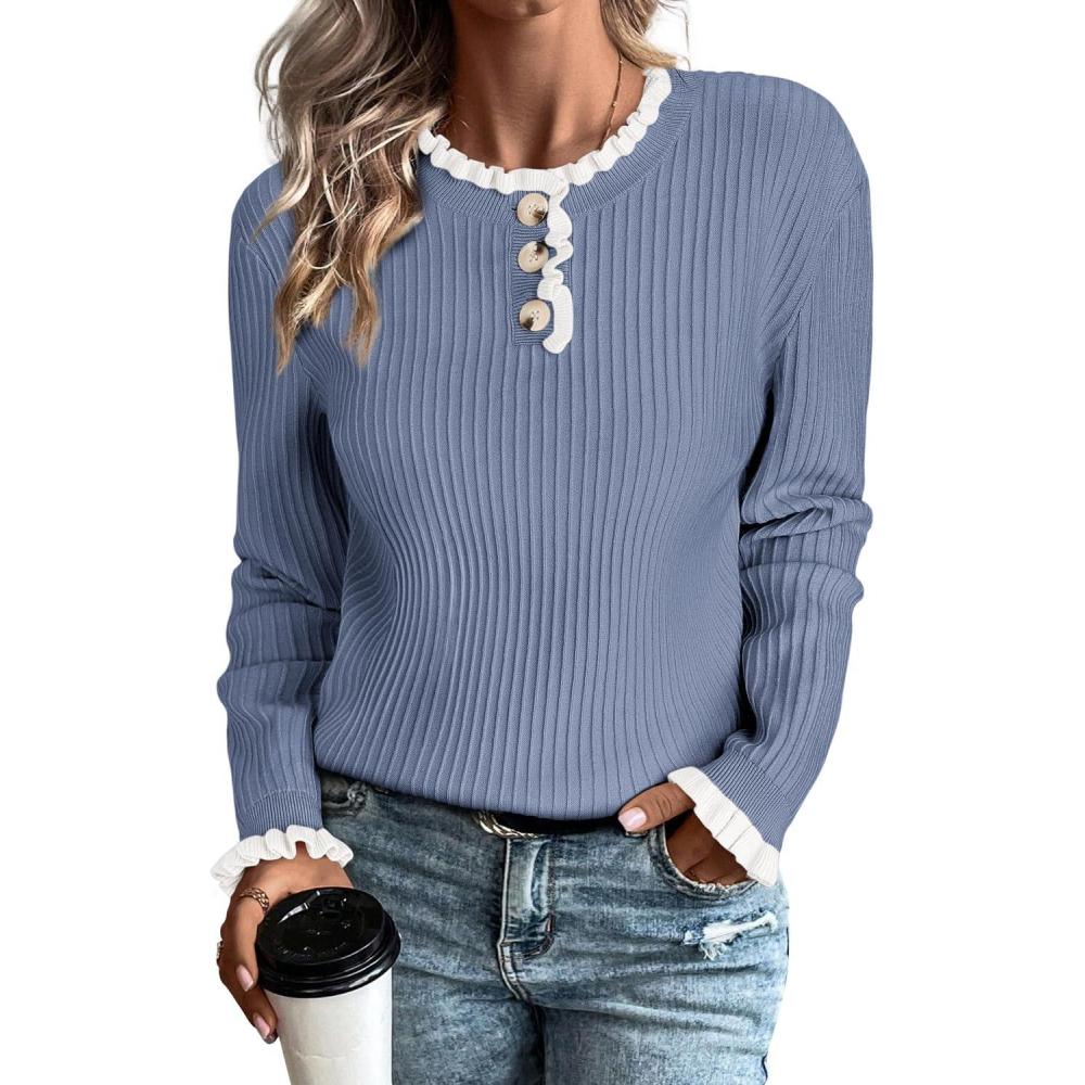 imageArachampampCloz Womens Swaters 2024 Fall Fashion Outfits Long Sleeve Crewneck Knit Tops Ruffle Casual TShirts Cute Tees BlousesSky Blue