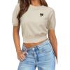 imageArachampampCloz Womens Puff Short Sleeve Shirts 2025 Summer Crew Neck Sequin Cute Crop Tops Trendy Casual PulloverApricot