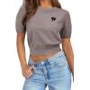 imageArachampampCloz Womens Puff Short Sleeve Shirts 2025 Summer Crew Neck Sequin Cute Crop Tops Trendy Casual PulloverCoffee