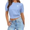 imageArachampampCloz Womens Puff Short Sleeve Shirts 2025 Summer Crew Neck Sequin Cute Crop Tops Trendy Casual PulloverSky Blue