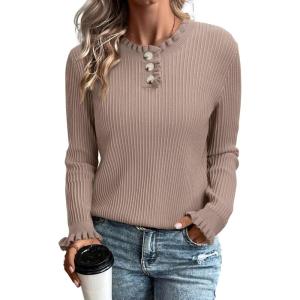 imageArachampampCloz Womens Swaters 2024 Fall Fashion Outfits Long Sleeve Crewneck Knit Tops Ruffle Casual TShirts Cute Tees BlousesNutmeg