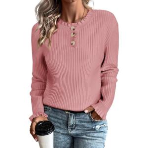 imageArachampampCloz Womens Swaters 2024 Fall Fashion Outfits Long Sleeve Crewneck Knit Tops Ruffle Casual TShirts Cute Tees BlousesPink