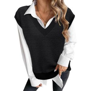 imageArachampampCloz Sweaters Vest Women Fall Fleece Sleeveless V Neck Loose Ribbed Knit Pullover Sweater Vest Tops for WomenBlack