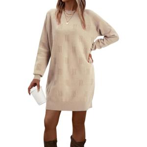 imageArachampampCloz Womens Fall Fashion 2024 Sweater Dress Oversized Crew Neck Long Sleeve Knit Pullover Winter ClothesApricot