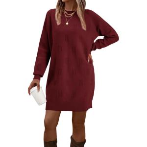 imageArachampampCloz Womens Fall Fashion 2024 Sweater Dress Oversized Crew Neck Long Sleeve Knit Pullover Winter ClothesWine