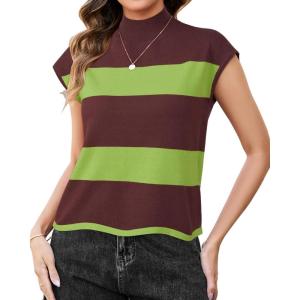 imageArachampampCloz Womens Striped Cap Sleeve Tops 2025 Spring Color Block Summer Lightweight Sweater Vest Mock Neck ShirtsBrownavocado Green
