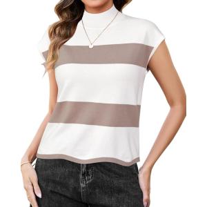 imageArachampampCloz Womens Striped Cap Sleeve Tops 2025 Spring Color Block Summer Lightweight Sweater Vest Mock Neck ShirtsWhitedeep Apricot