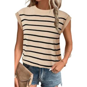 imageArachampampCloz Womens Summer 2024 Sweater Vest Cap Sleeve Crew Neck Striped Fashion Casual Sleeveless Fall Tops ClothesApricotblack