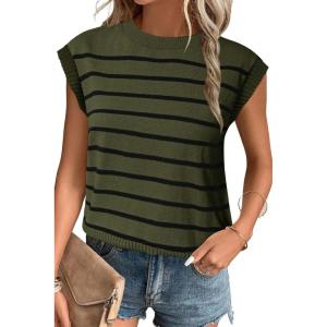 imageArachampampCloz Womens Summer 2024 Sweater Vest Cap Sleeve Crew Neck Striped Fashion Casual Sleeveless Fall Tops ClothesArmy Greenblack