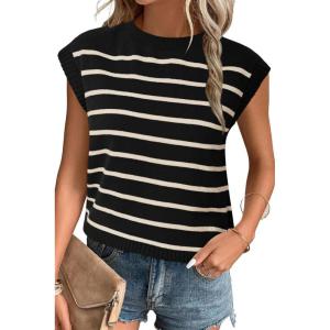 imageArachampampCloz Womens Summer 2024 Sweater Vest Cap Sleeve Crew Neck Striped Fashion Casual Sleeveless Fall Tops ClothesBlackapricot