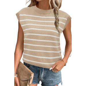 imageArachampampCloz Womens Summer 2024 Sweater Vest Cap Sleeve Crew Neck Striped Fashion Casual Sleeveless Fall Tops ClothesKhakiwhite