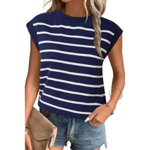 imageArachampampCloz Womens Summer 2024 Sweater Vest Cap Sleeve Crew Neck Striped Fashion Casual Sleeveless Fall Tops ClothesNavywhite