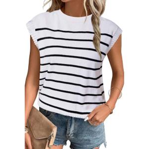imageArachampampCloz Womens Summer 2024 Sweater Vest Cap Sleeve Crew Neck Striped Fashion Casual Sleeveless Fall Tops ClothesWhiteblack