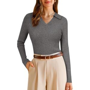 imageArachampampCloz Womens Wool Blend Polo Sweater Shirt Business Casual Slim Fitted Fall Tops 2025Gray
