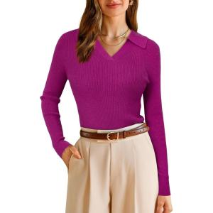 imageArachampampCloz Womens Wool Blend Polo Sweater Shirt Business Casual Slim Fitted Fall Tops 2025Rose