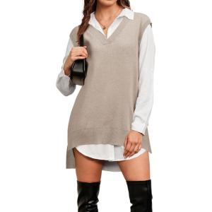 imageArachampampCloz Womens Wool Blend Side Slit High Low Versatile V Neck Fall Sweater Vests 2025Apricot Oatmeal