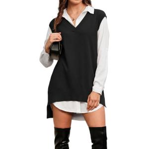 imageArachampampCloz Womens Wool Blend Side Slit High Low Versatile V Neck Fall Sweater Vests 2025Black
