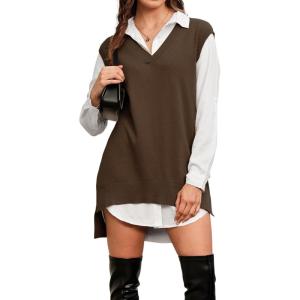 imageArachampampCloz Womens Wool Blend Side Slit High Low Versatile V Neck Fall Sweater Vests 2025Brown