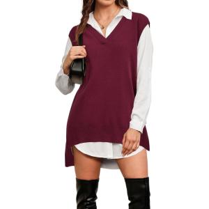 imageArachampampCloz Womens Wool Blend Side Slit High Low Versatile V Neck Fall Sweater Vests 2025Dark Red