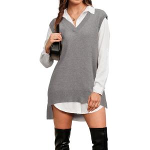 imageArachampampCloz Womens Wool Blend Side Slit High Low Versatile V Neck Fall Sweater Vests 2025Grey