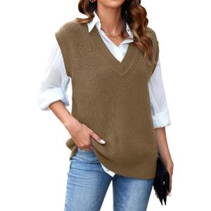 imageArachampampCloz Womens Sweater Vest 2024 Fall Winter Knitted V Neck Oversized Casual Cap Sleeve Pullover Tank TopsCamel