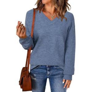 imageArachampampCloz Womens Wool Blend V Neck Fall Business Casual Sweater Tops 2025Denim Blue