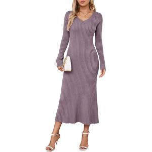 imageArachampampCloz 2025 Spring Womens V Neck Long Sleeve Fishtail Sweater Dress Ribbed Knit Slim Fit Bodycon Midi DressGray Purple