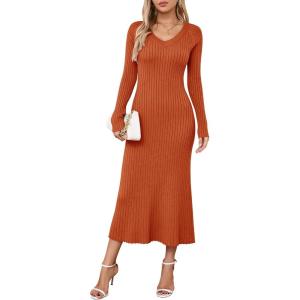 imageArachampampCloz 2025 Spring Womens V Neck Long Sleeve Fishtail Sweater Dress Ribbed Knit Slim Fit Bodycon Midi DressRust Orange