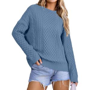 imageArachampampCloz Womens Wool Blend Cable Knit Fall Winter Chunky Oversized Sweaters 2025Blue