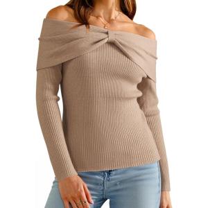 imageArachampampCloz Womens Wool Blend Slim Fit Off The Shoulder Fall Sweater 2025Khaki