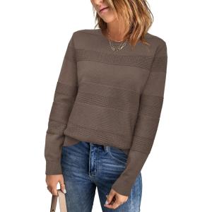 imageArachampampCloz Womens Fall Sweaters 2024 Crochet Crew Neck Long Sleeve Knit Tops Pullover Fashion Clothes OutfitsCoffee