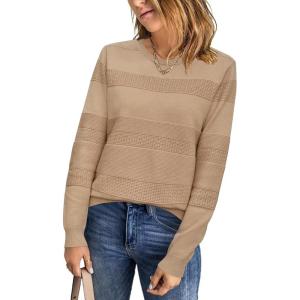 imageArachampampCloz Womens Fall Sweaters 2024 Crochet Crew Neck Long Sleeve Knit Tops Pullover Fashion Clothes OutfitsDark Apricot