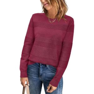 imageArachampampCloz Womens Fall Sweaters 2024 Crochet Crew Neck Long Sleeve Knit Tops Pullover Fashion Clothes OutfitsDark Red