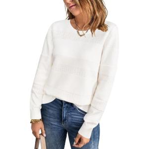 imageArachampampCloz Womens Fall Sweaters 2024 Crochet Crew Neck Long Sleeve Knit Tops Pullover Fashion Clothes OutfitsOffwhite