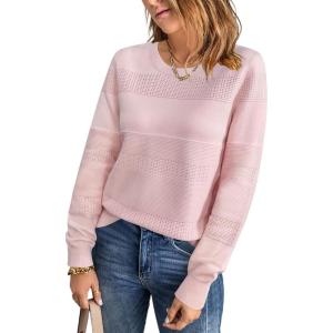 imageArachampampCloz Womens Fall Sweaters 2024 Crochet Crew Neck Long Sleeve Knit Tops Pullover Fashion Clothes OutfitsPink