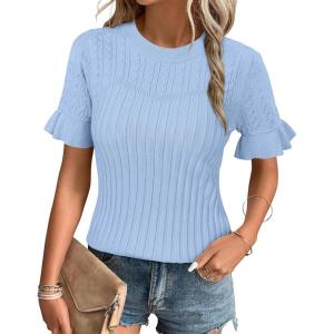 imageArachampampCloz Womens Summer Fall Scalloped Lace Cuff Crewneck Tops Textured ShirtsXlight Blue