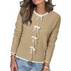imageArachampampCloz Womens Bow Sweaters Fall Color Block Casual Cardigan Sweaters 2025Khakiwhite