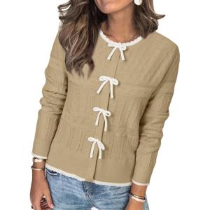 imageArachampampCloz Womens Bow Sweaters Fall Color Block Casual Cardigan Sweaters 2025Khakiwhite