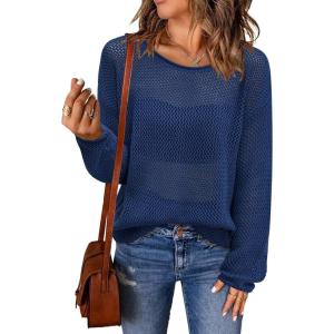 imageArachampampCloz 2025 Womens Crochet Tops Wool Blended Sweaters Lightweight Long Sleeve Crew Neck Spring Fashion Knit OutfitsNavy Blue