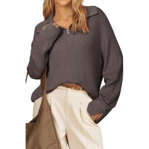 imageArachampampCloz Womens Wool Blend Lapel Quarter Zip Fall Winter Trendy Casual Oversized Fit Sweater TopCoffee