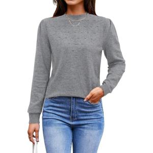 imageArachampampCloz 2024 Fall Sweaters Long Puff Sleeve Tops Crew Neck Special Dots Trendy Casual Lightweight Pullover Clothes OutfitsGrey