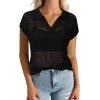 imageArachampampCloz 2025 Womens Crochet Cap Sleeve Knit Tops Spring Summer Shirts Lightweight Collared Hollow Out Casual BlousesBlack