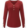 imageArachampampCloz Womens Long Sleeve Lace Fall Tops Solid V Neck Button Henley Shirt Casual Tunic BlouseWine