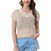 imageArachampampCloz 2025 Womens Crochet Cap Sleeve Knit Tops Spring Summer Shirts Lightweight Collared Hollow Out Casual BlousesApricot