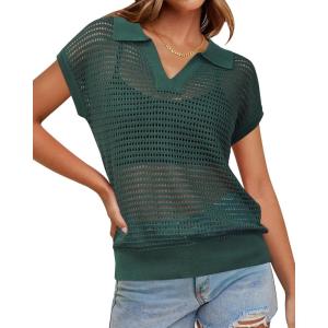 imageArachampampCloz 2025 Womens Crochet Cap Sleeve Knit Tops Spring Summer Shirts Lightweight Collared Hollow Out Casual BlousesGreen