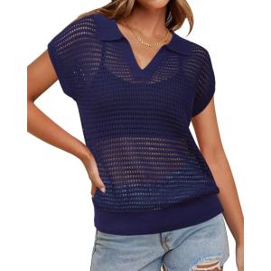 imageArachampampCloz 2025 Womens Crochet Cap Sleeve Knit Tops Spring Summer Shirts Lightweight Collared Hollow Out Casual BlousesNavy