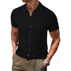 imageArachampampCloz Mens Wool Blended Button Down Shirt Short Sleeve Knit 2025 Summer Fashion Dress Shirts Casual Business GolfBlack