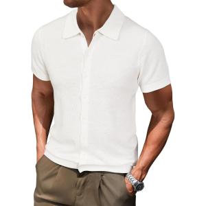 imageArachampampCloz Mens Wool Blended Button Down Shirt Short Sleeve Knit 2025 Summer Fashion Dress Shirts Casual Business GolfWhite